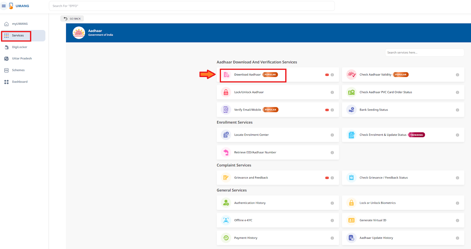 UMANG Aadhaar Services